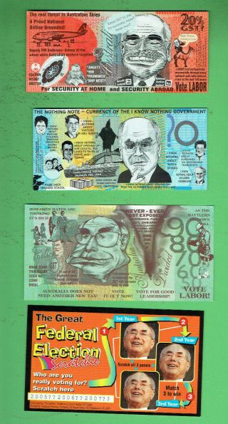 D487.  8.  Three (3) Australian Political Election Money Notes & Scratchie