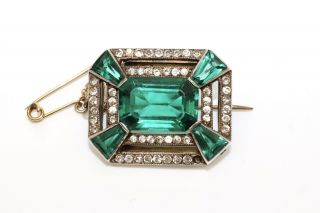 A Bold Antique Art Deco Gold & Sterling Silver Green & White Paste Brooch 13349