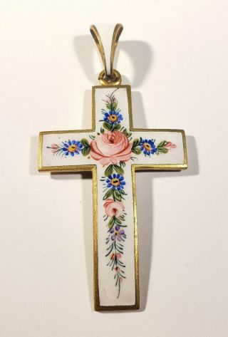 Antique Enamel On Gilded Copper Cross Hand Painted Flowers Pendant