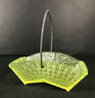 Antique Vaseline Glass Basket Or Dish Metal Handle Uranium Glass Bridge Shape