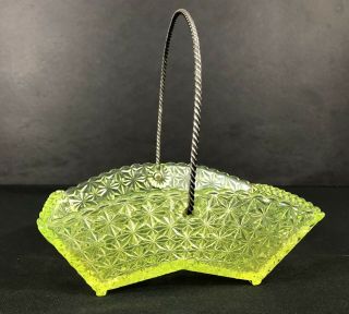 Antique Vaseline Glass Basket Or Dish Metal Handle Uranium Glass Bridge Shape 3