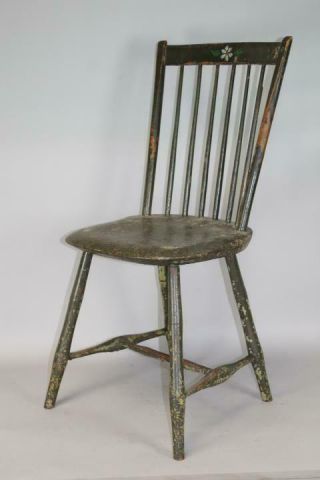 One Of A Set Of 4 19th C Ri Windsor Rod Back Chairs In Grungy Old Green Paint 4