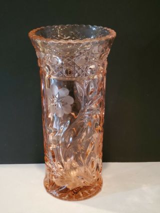Vintage Antique 1930s Czech Art Deco Pink Cut Crystal Depression Glass Vase 10 "