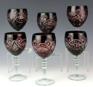 Vtg Set Of 6 Bohemian Deep Ruby Red Cut To Clear Red Wine Goblet Glasses Nr Jlb