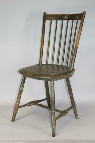One Of A Set Of 4 19th C Ri Windsor Rod Back Chairs In Grungy Old Green Paint 2