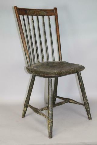 One Of A Set Of 4 19th C Ri Windsor Rod Back Chairs In Grungy Old Green Paint 1