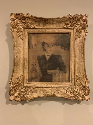 Vintage Antique Portrait Painting On Board Of A Woman Holding A Dog Ornate Frame