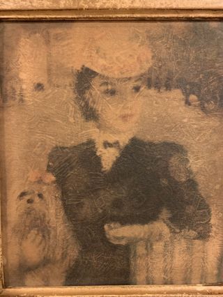 Vintage Antique Portrait Painting On Board Of A Woman Holding A Dog Ornate Frame 2