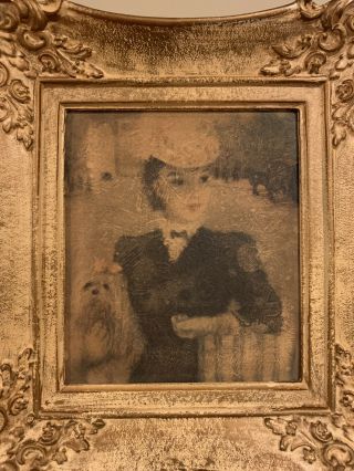 Vintage Antique Portrait Painting On Board Of A Woman Holding A Dog Ornate Frame 3