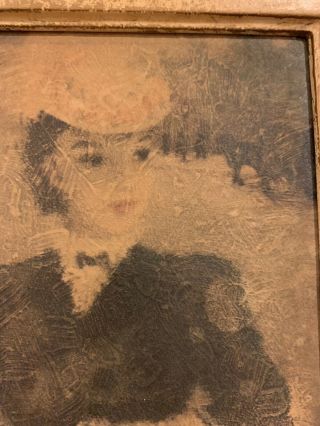 Vintage Antique Portrait Painting On Board Of A Woman Holding A Dog Ornate Frame 4