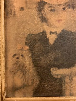 Vintage Antique Portrait Painting On Board Of A Woman Holding A Dog Ornate Frame 5