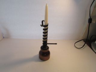 Antique Primitive Wrought Iron And Wood Colonial Candle Stick Holder