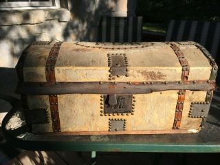 Small Antique Early Leather & Wood,  Dome Top,  Chest Trunk Box Brass Tacks