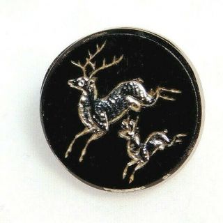 Antique Vtg Button Two Running Deer On Black Glass Incised W Silver 5/8 A15