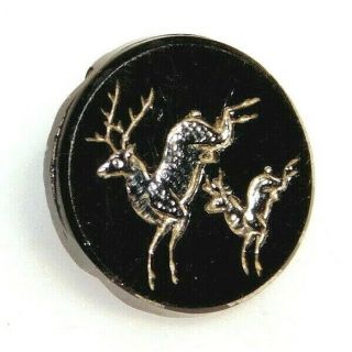 Antique Vtg BUTTON Two Running Deer on Black Glass Incised w Silver 5/8 A15 2