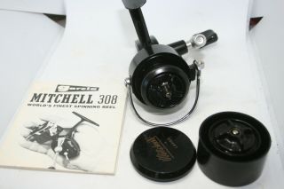Vintage Mitchell Garcia 308 Ultra Light Spinning Reel W/ Extra Spool And Booklet