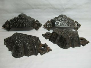 4 Antique 1872 VICTORIAN EASTLAKE Bronze ORNATE Drawer Bin Pull Cup Handle 5