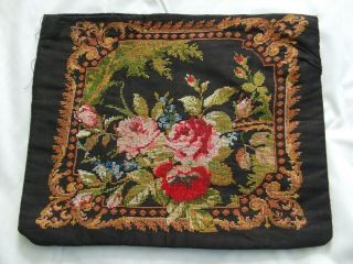 Antique Pillow Featuring Lovely Silk Cross Stitch Needlework In Floral Design