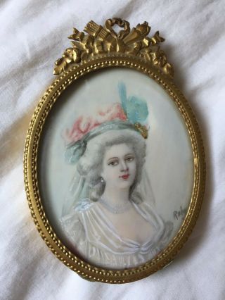 Signed French Antique Portrait Miniature Gilt Bronze Doré Easel Frame