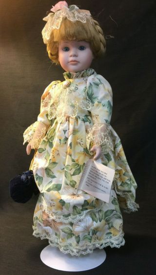 Vintage 16 " Porcelain Doll Antique Heritage Yellow Floral Dress Stand W/ Tags