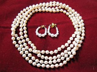 Vntg 52 " Single - Strand Antique White Faux Pearl Flapper Necklace,  Earrings