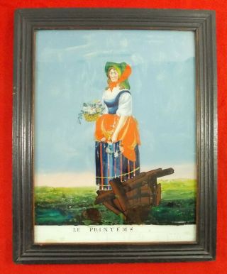 Antique Framed Reverse Painting On Glass French Peasant Woman " Le Printemps "