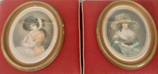 Pair Antique Oval Hand Colored Prints/ Victorian Ladies In Period Frames,  Signed