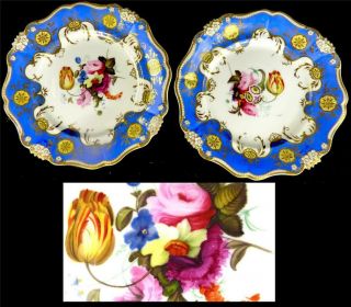 C1830 Pair Antique English Porcelain Plates Blue Floral Bouquet