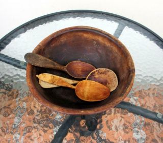 Antique 1800s Rare Swedish Allmoge Wooden Bowl And Three Spoons.