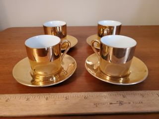 VINTAGE PORCELAIN GOLD DEMITASSE TEA CUPS SAUCERS SET of 4 3