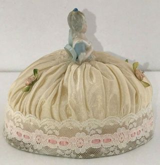 Antique German Porcelain Small Half Doll Pin Cushion Pompadour Lady with Flowers 3