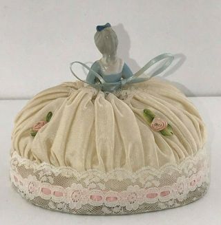 Antique German Porcelain Small Half Doll Pin Cushion Pompadour Lady with Flowers 4