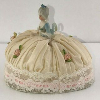 Antique German Porcelain Small Half Doll Pin Cushion Pompadour Lady with Flowers 5