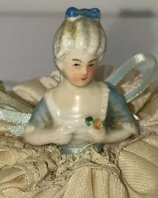 Antique German Porcelain Small Half Doll Pin Cushion Pompadour Lady with Flowers 7