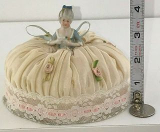 Antique German Porcelain Small Half Doll Pin Cushion Pompadour Lady with Flowers 8
