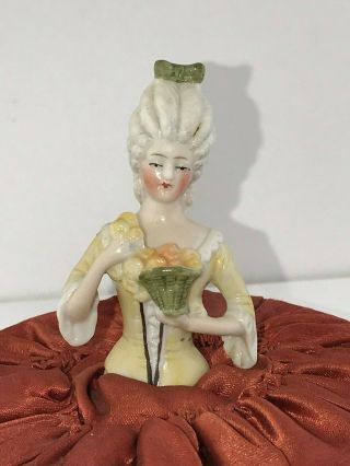 Antique German Porcelain Half Doll Pin Cushion Pompadour Lady with Flower Basket 2