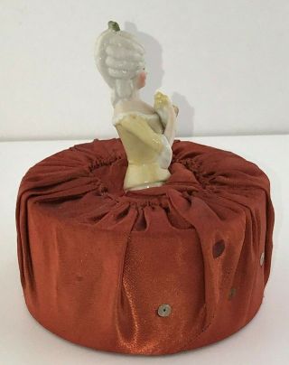 Antique German Porcelain Half Doll Pin Cushion Pompadour Lady with Flower Basket 3