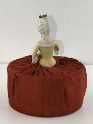 Antique German Porcelain Half Doll Pin Cushion Pompadour Lady with Flower Basket 4