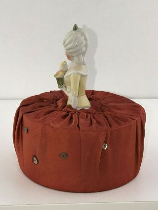 Antique German Porcelain Half Doll Pin Cushion Pompadour Lady with Flower Basket 5