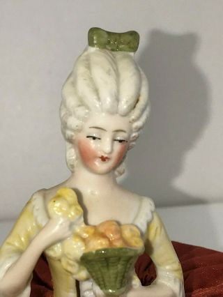 Antique German Porcelain Half Doll Pin Cushion Pompadour Lady with Flower Basket 8