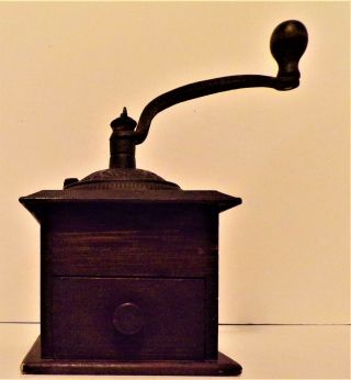 Antique Vintage Cast Coffee Grinder Mill With Wood Crafted Box Hand Crank