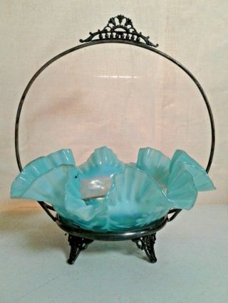 Antique Victorian Clear/blue Ruffled Glass Brides Basket With Frame