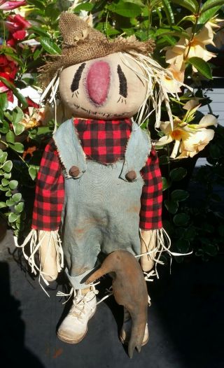 Primitive Standing Scarecrow Doll With Crow,  Fall,  Harvest,  Halloween Decor