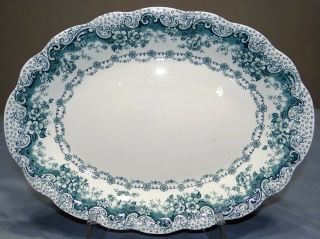 Colonial Pottery Lucerne Teal Blue 12 " Oval Platter Transferware England Antique