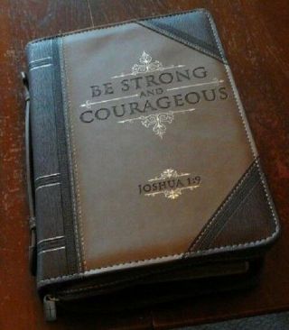 Antique Bible Book Cover Case Leather Zipper Joshua 1:9 Large 6 5/8 " X 9 1/2 " X2 "