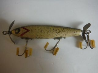 Vintage Wood Fishing Lure Plug By J.  C.  Higgins Silver Chip Paint 3 Hook 4 " Long