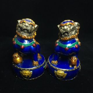 A Pair Exquisite Old Chinese Hand Made Cloisonne Copper Lion Foo Dog Statue