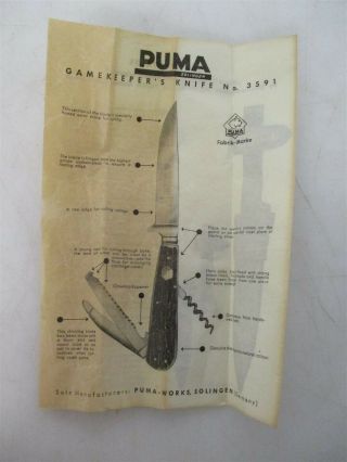 Vintage Puma Solomon Gamekeeper Knife No.  3591 w/ Sheath,  Box, 10