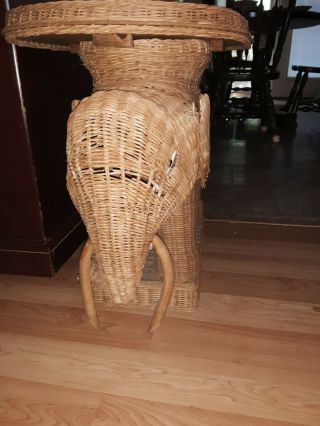 Vintage Wicker Elephant Side Table Plant Stand Removable Tray Top Wood Base 2