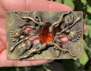 Antique Art Nouveau Art Deco Czech Amber Glass Brass Lizard & Flower Pin Brooch
